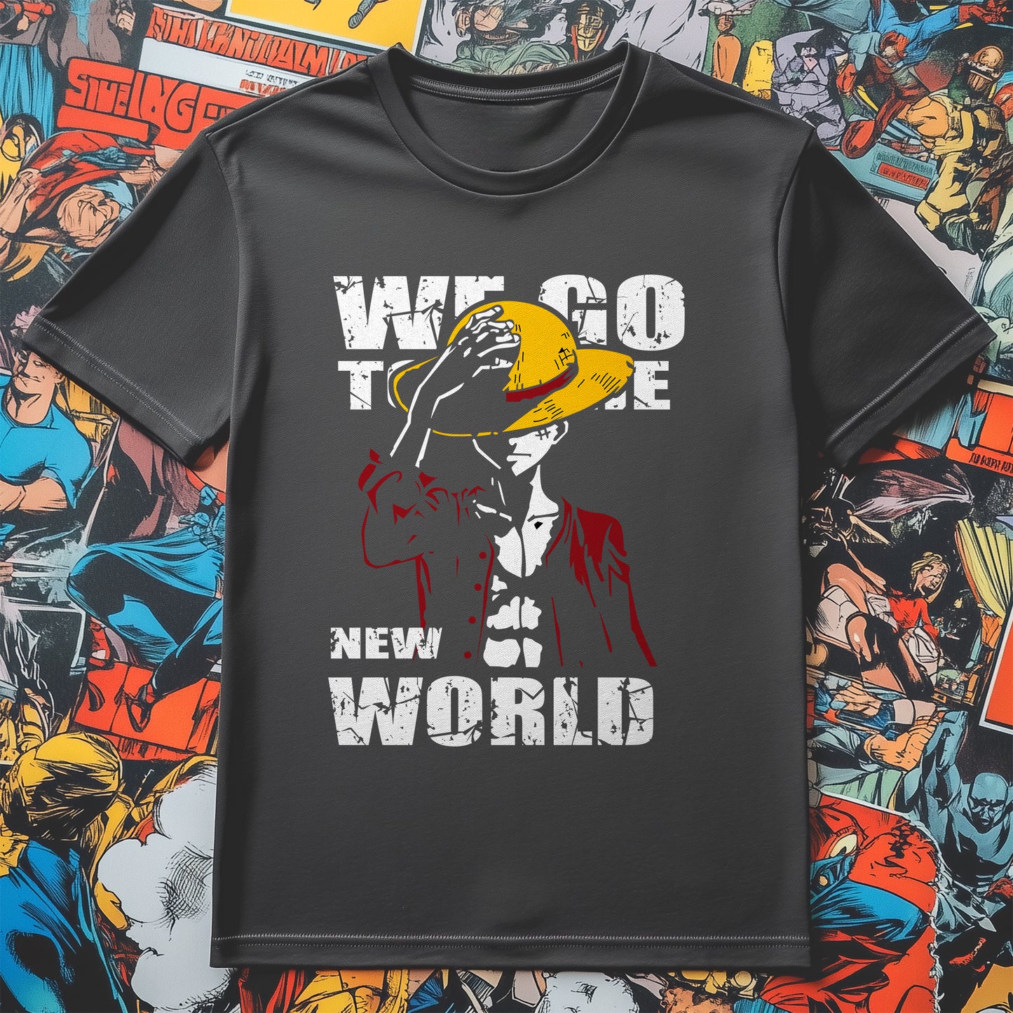 One Piece New World T-shirt - Set Sail for Laughs! Unisex, Funny Design, 100% Cotton. Perfect for adventurous pirates and dreamers! 🏴‍☠️