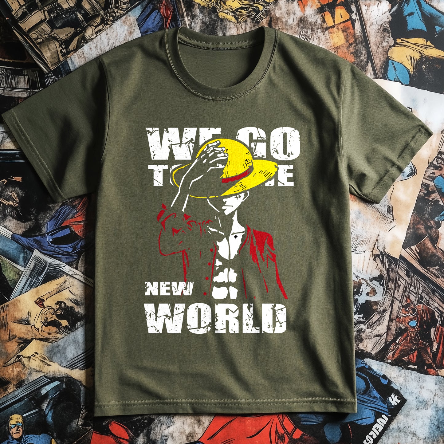 One Piece New World T-shirt - Set Sail for Laughs! Unisex, Funny Design, 100% Cotton. Perfect for adventurous pirates and dreamers! 🏴‍☠️